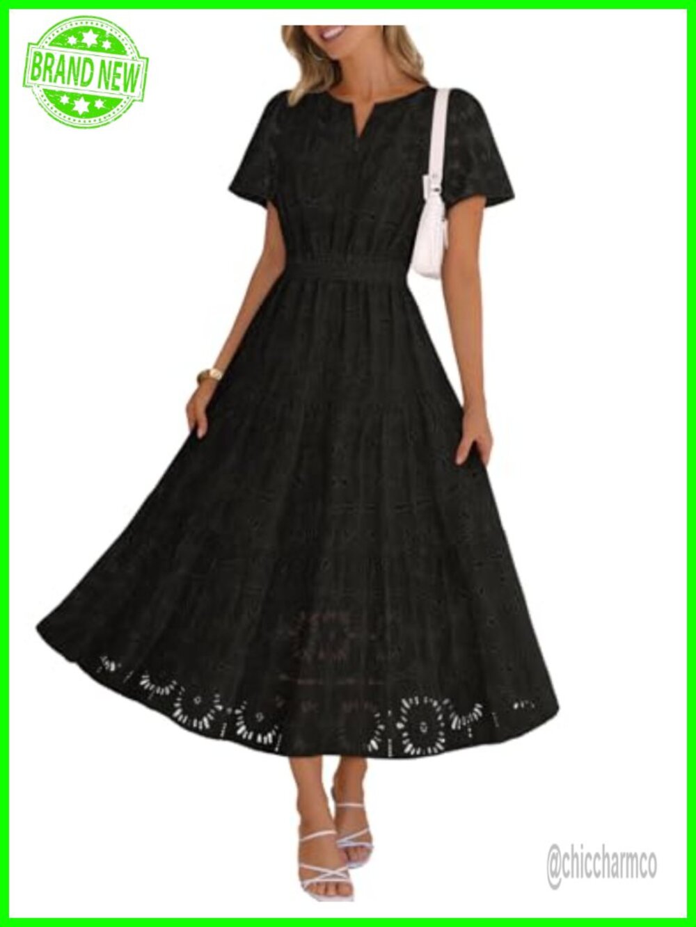Women's Summer Floral Eyelet Lace Maxi Dress Boho V-Neck Short Puff Sleeve